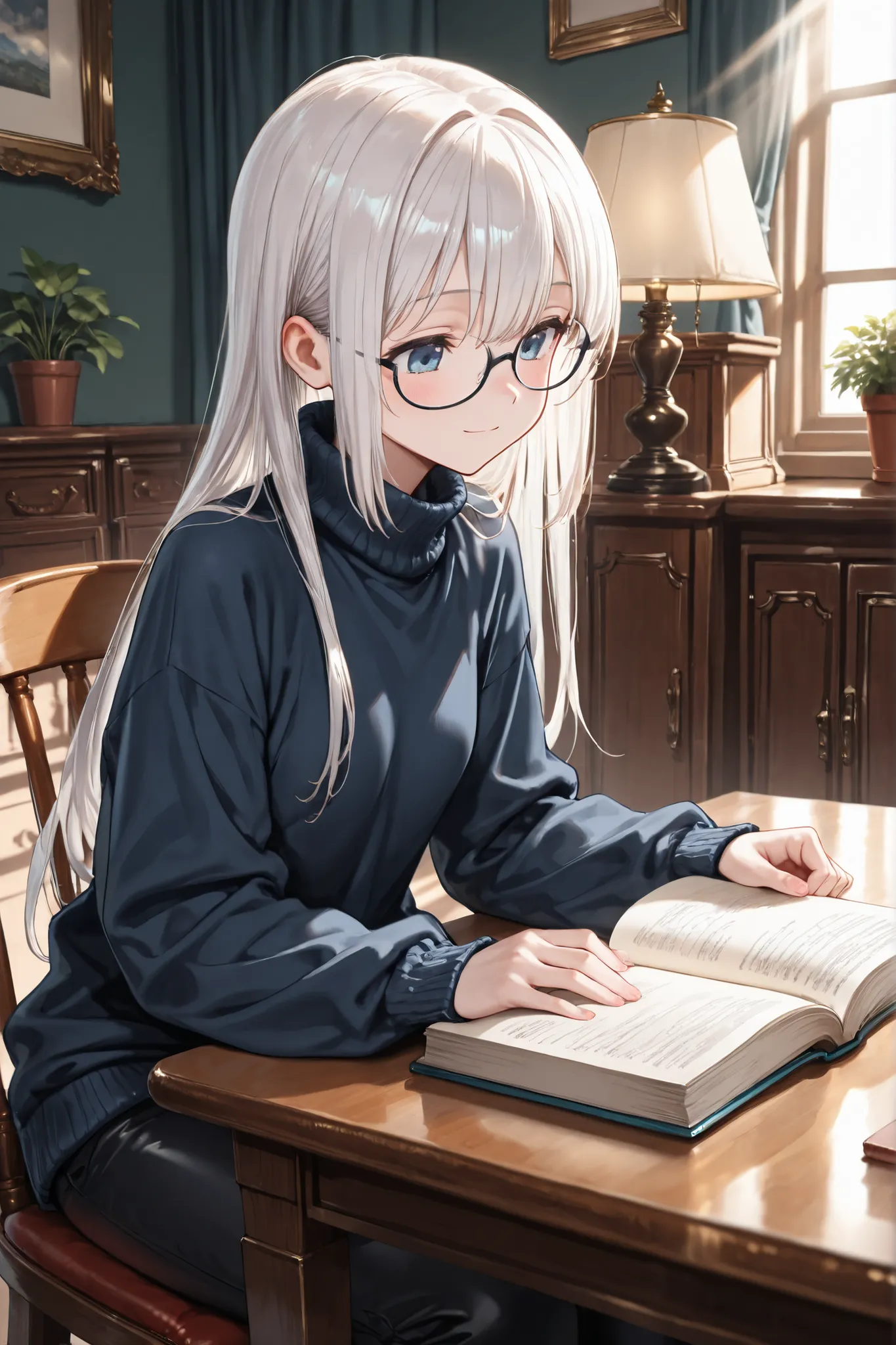 ((Masterpiece)),((best quality)),((incredibly absurdres)),((8K)),(semi realistic),
1 girl,solo,young female,kawaii,white hair,long hair,straight hair,blue eyes,small breasts,
(black eyewear),navy blue turtleneck sweater,loose shirt,black skinny jeans,
(op...
