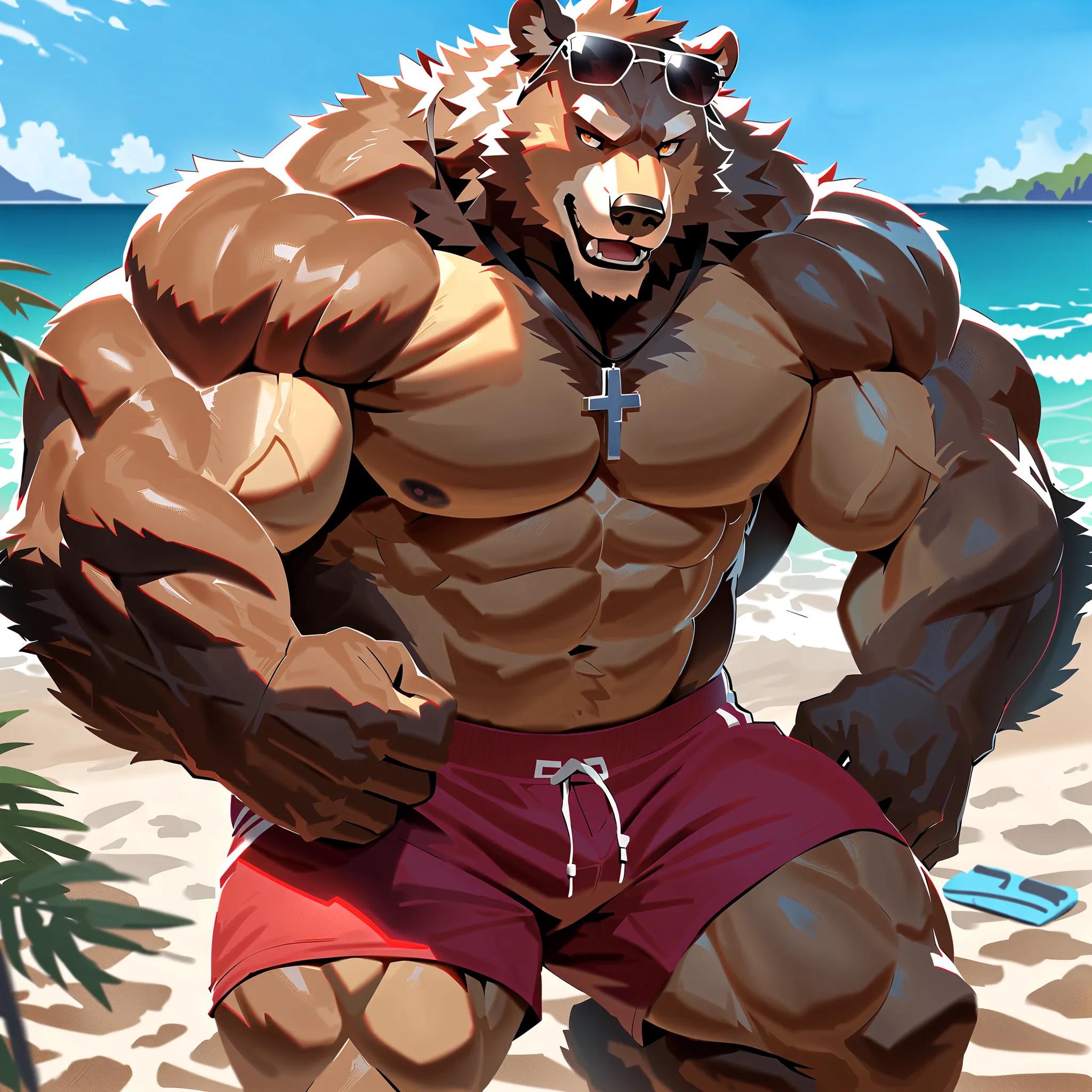 male, anthro, muscle, realistic, 8k (kemono), (grizzly bear), brown fur, pumped body, red swim trunks with a cross, lifeguard, sunglasses, beach, by bara, detailed beach background