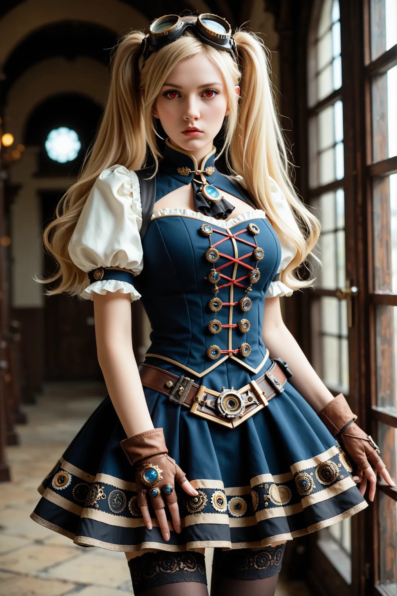 ,zzLayla, solo, 1girl, twintails, blonde, blonde hair, long hair, very long hair, red eyes, goggles, goggles on head, gloves, thighhighs, skirt, short sleeves, fingerless gloves, puffy sleeves, brown gloves, puffy short sleeves,masterpiece, best quality, v...