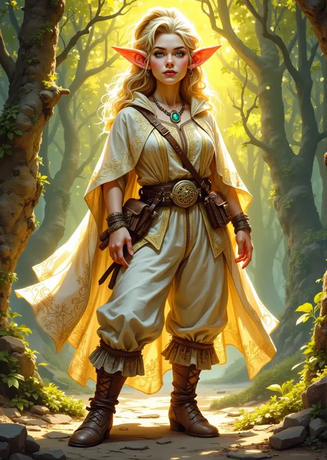 Full body view. An extremely detailed comic book illustration of a stunningly beautiful extremely curvaceous Gnome from Dungeons and Dragons petite magical folk with big eyes and pointed ears created by gods of invention and illusion seldom seen by other ...