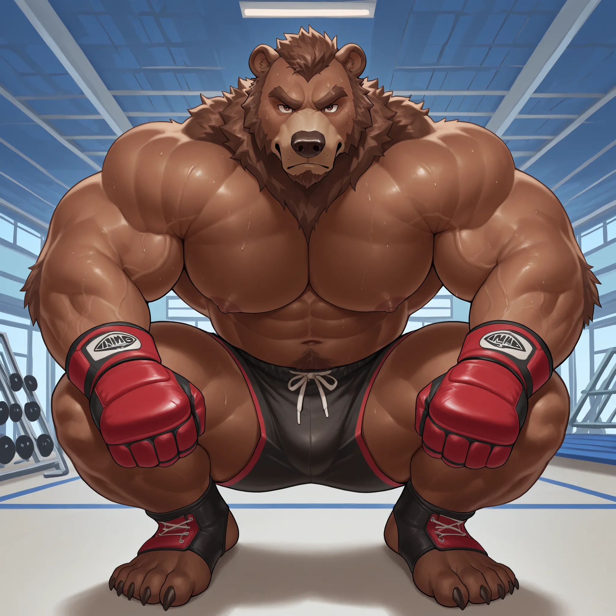 solo, 1boy, Muscular Old, angry, focus, look at viewer, wide shoulder, pectoral, thick arms, huge pectoral, wide pectoral, shirtless, a Kodiak brown bear in an MMA shorts with red slits wearing an MMA gloves with red knuckle pads and an ankle support brace...