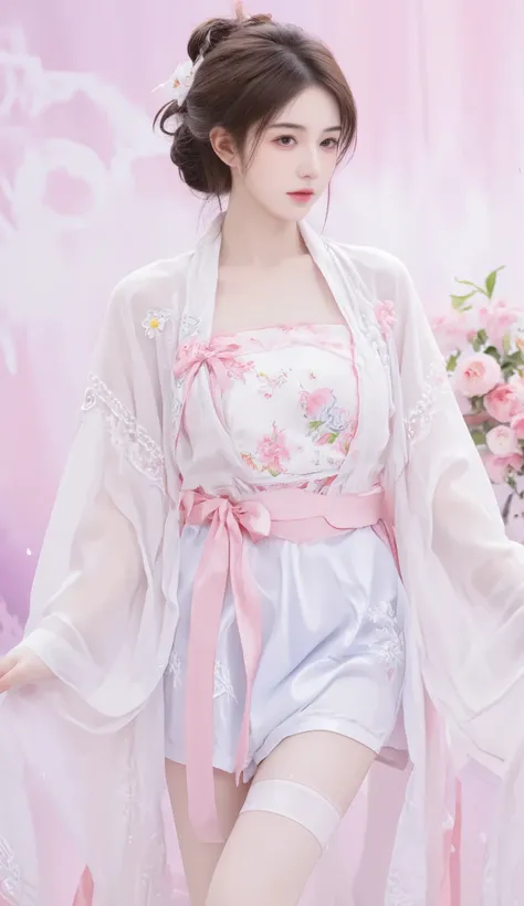 robe, 1 girl, [[bow, eyes, flower, Ribbon, Chest, 白色 Chinese clothing , Chinese clothing , skirt, flower, Gradient , Gradient background, embroidered ball flower, Watch the audience, small Chest, white pantyhose, Single, thigh 连裤袜