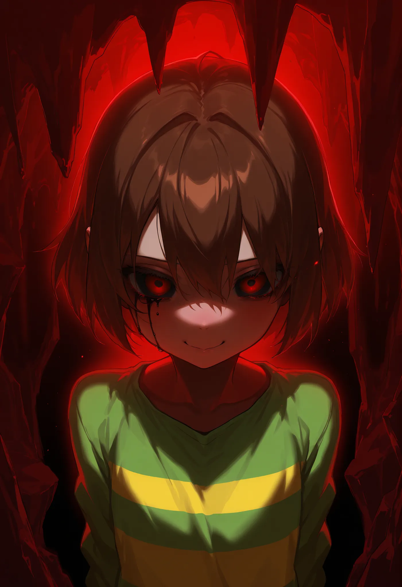 Wallpaper, solo (Black empty eyes, completely dark eyes:2.0, 1 red pupil:3.0, black smile), Shedding totally dark tears:2.0, (black background:5.0), Upper body, solo, front, (Full dark face:3.5, only eyes visible,close up face), (Focus on the face, Dark fa...