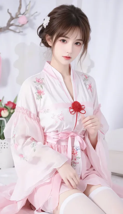 robe, 1 girl, [[bow, eyes, flower, Ribbon, 红Rose, Chest, 红色 Chinese clothing , Chinese clothing , skirt, flower, Gradient , Gradient background, embroidered ball flower, Watch the audience, small Chest, white pantyhose, Rose, Single, thigh 连裤袜