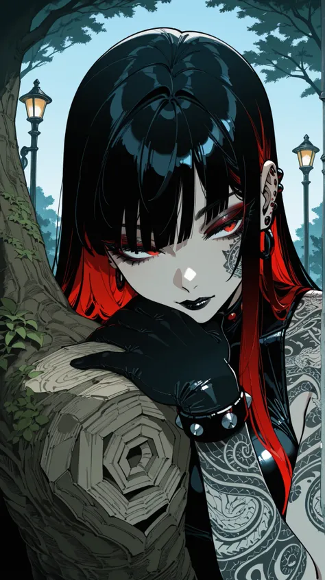 masterpiece, best quality, amazing quality, newest, very aesthetic, 1girl,,high detail,Image is a portrait-style photograph featuring a person with long, straight hair that is predominantly black with striking red highlights. The individual has a fair skin...