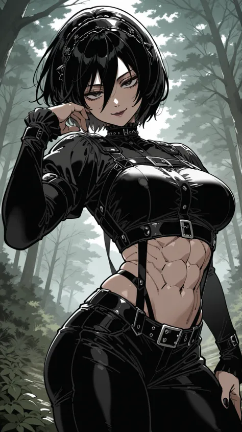 masterpiece, best quality, amazing quality, newest, very aesthetic, 1girl,,mikasa from \(attack on titan\),gothic,gothic make up,emo mixed with gothic outfit,abs,black nails,smile,dynamic pose,nature background