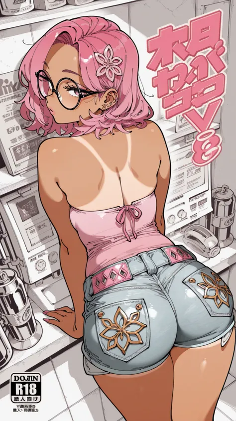 masterpiece, best quality, amazing quality, newest, very aesthetic, 1girl,Image is a vibrant, stylized manga cover featuring a female character with exaggerated features. She has tan skin and voluminous, curly pink hair adorned with accessories. Her outfit...