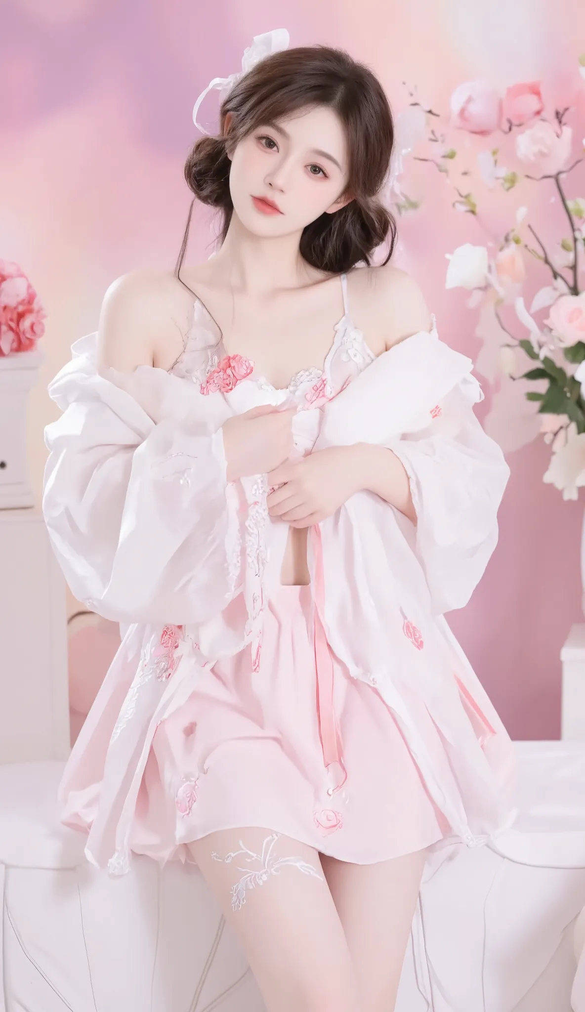 robe, 1 girl, [[bow, eyes, flower, Ribbon, 红Rose, Chest, 红色 Chinese clothing , Chinese clothing , skirt, flower, Gradient , Gradient background, embroidered ball flower, Watch the audience, small Chest, white pantyhose, Rose, Single, thigh 连裤袜