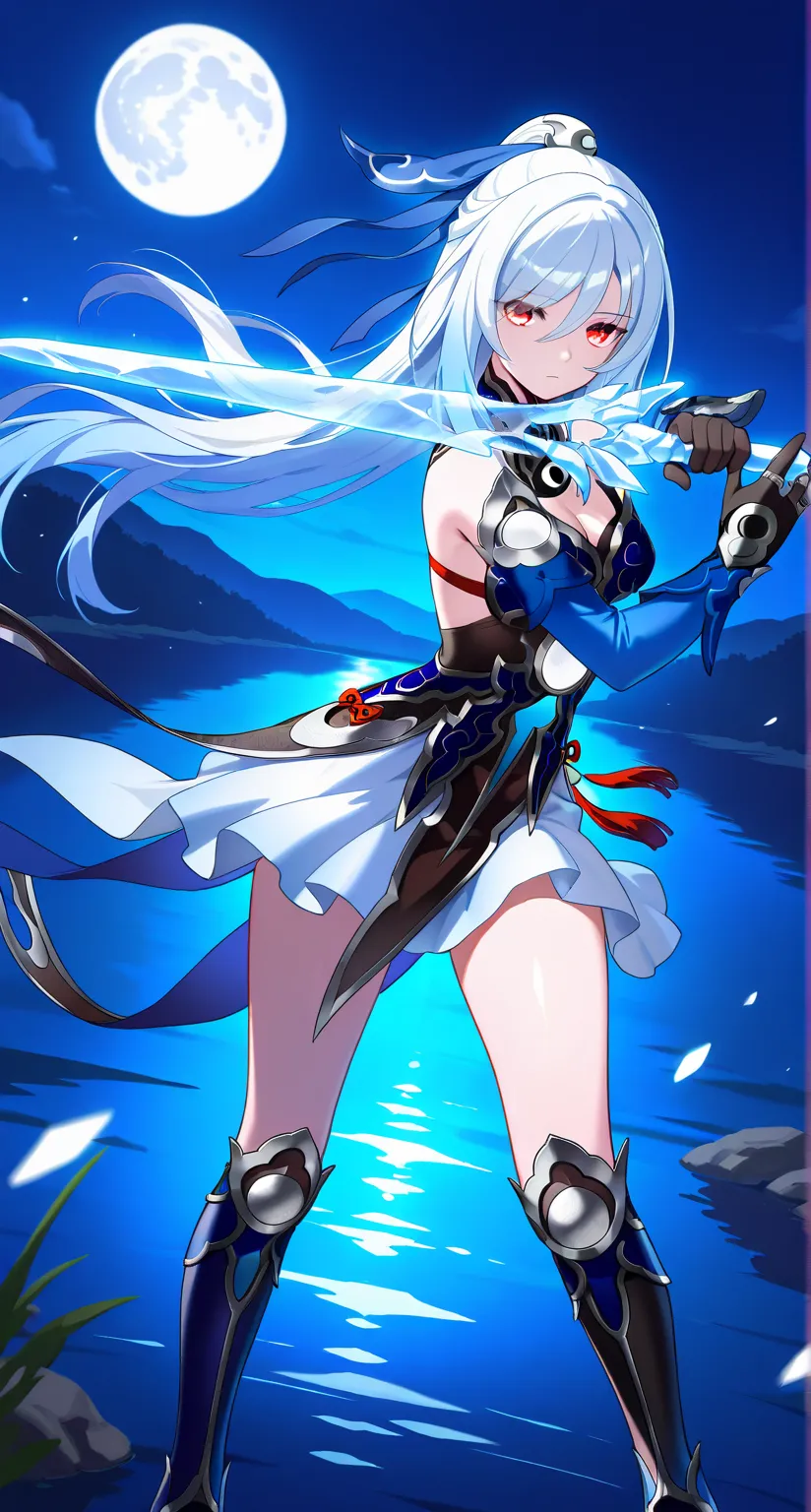 masterpiece,best quality,highres,ultra-detailed,Jingliu,alternate color,masterpiece,detailed illustration,lifelike,{{{1Jingliu}}},1 ice saber (weapon),shiny beautiful woman,moon light lighting,dynamic angle,dynamic pose,depth of field,1girl,red eyes,blue a...