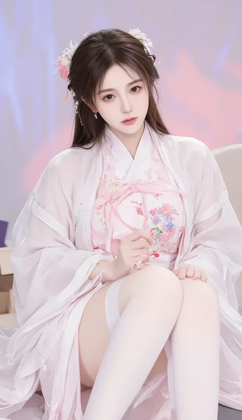robe, 1 girl, [[bow, eyes, flower, Ribbon, 红Rose, Chest, 红色 Chinese clothing , Chinese clothing , skirt, flower, Gradient , Gradient background, embroidered ball flower, Watch the audience, small Chest, white pantyhose, Rose, Single, thigh 连裤袜