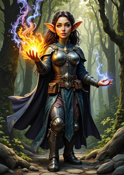 Full body view. An extremely detailed comic book illustration of a stunningly beautiful extremely curvaceous Gnome from Dungeons and Dragons petite magical folk with big eyes and pointed ears created by gods of invention and illusion seldom seen by other f...