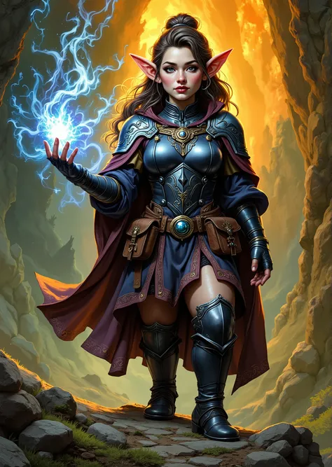 Full body view. An extremely detailed comic book illustration of a stunningly beautiful extremely curvaceous Gnome from Dungeons and Dragons petite magical folk with big eyes and pointed ears created by gods of invention and illusion seldom seen by other f...