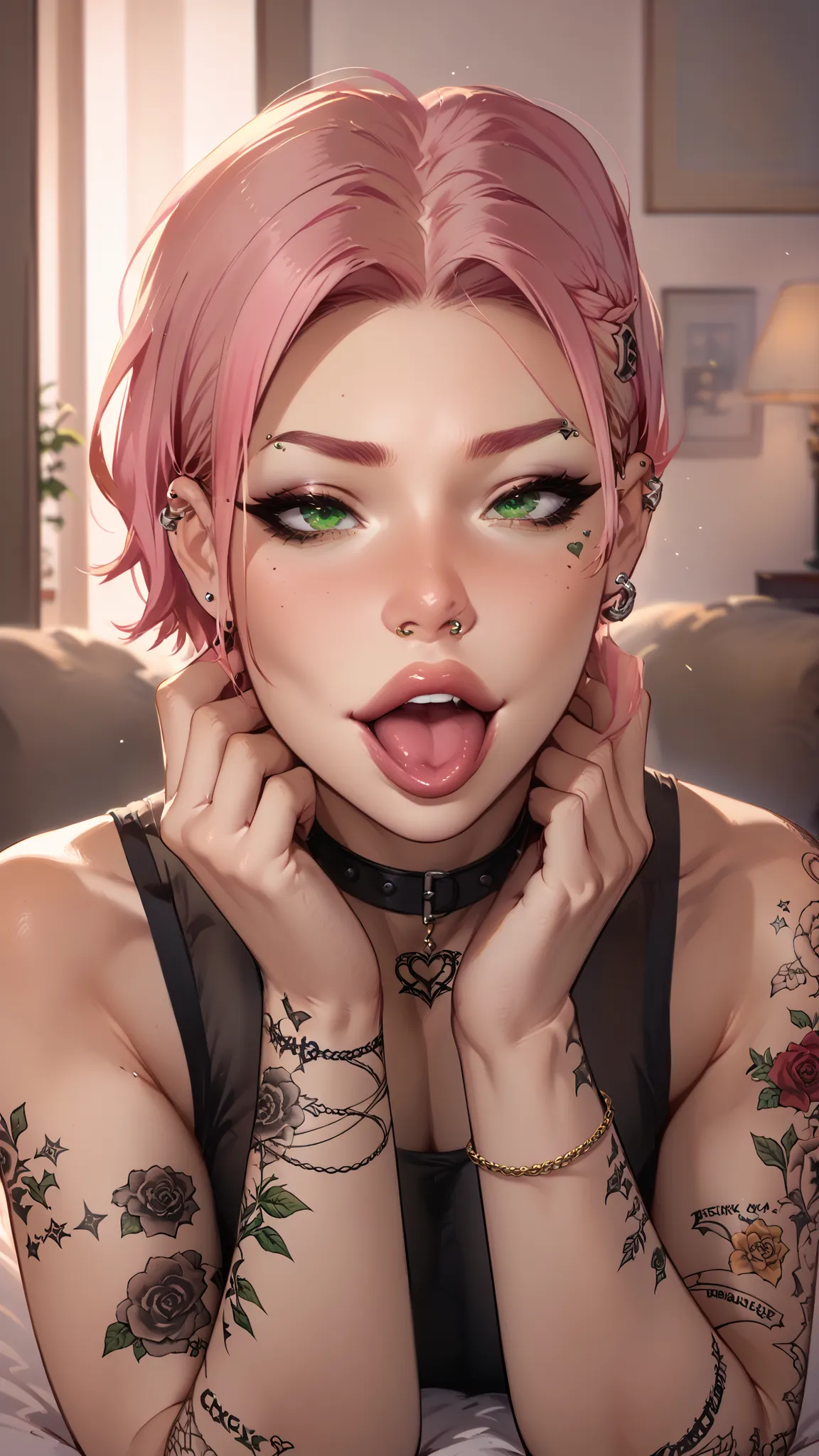 A camgirl, athletic body, tattooed, choker, Doing a private show for a client, piercing,  green eyes, blond and pink hair,  mouth open, Pleased face 