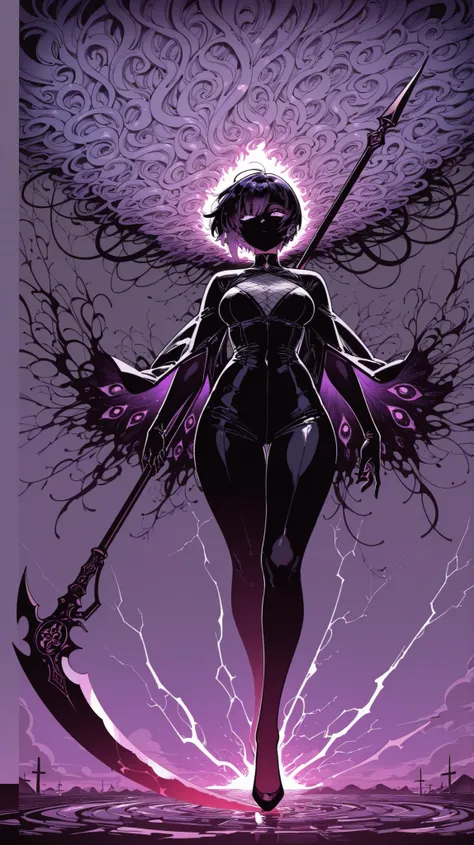 masterpiece, best quality, amazing quality, hyper-detailed, newest, very aesthetic, 1girl,visually stunning artwork of a fierce and elegant woman with a sharp pixie cut, her hair gleaming in shades of violet and white. She wields a massive, intricately des...