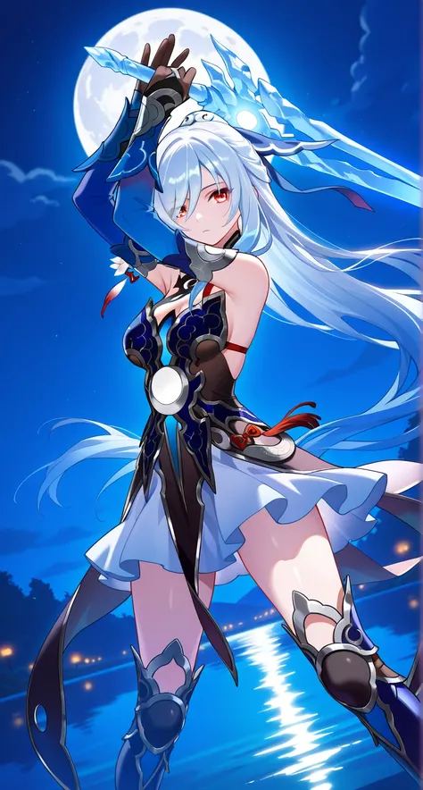 masterpiece,best quality,highres,ultra-detailed,Jingliu,alternate color,masterpiece,detailed illustration,lifelike,{{{1Jingliu}}},shiny beautiful woman,moon light lighting,dynamic angle,dynamic pose,depth of field,1girl,red eyes,blue armored dress,white sk...