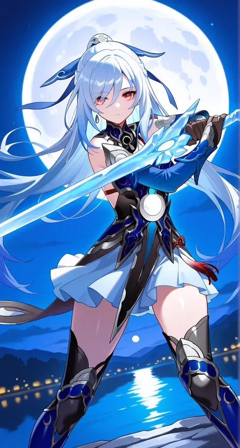 masterpiece,best quality,highres,ultra-detailed,Jingliu,alternate color,masterpiece,detailed illustration,lifelike,{{{1Jingliu}}},shiny beautiful woman,moon light lighting,dynamic angle,dynamic pose,depth of field,1girl,red eyes,blue armored dress,white sk...
