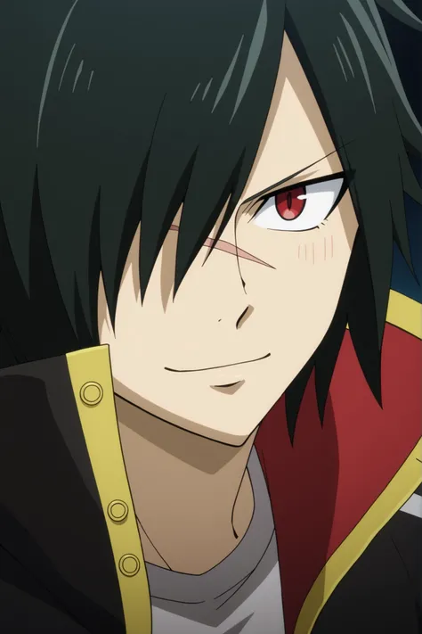 rogue_cheney, black hair, red eyes, hair over one eye, scar tattoo close-up, official style, anime screencap, 8K, extremely detailed, 1boy, solo, looking at viewer, black background , shadow , dynamic angle , dynamic action , atmospheric perspective , intr...
