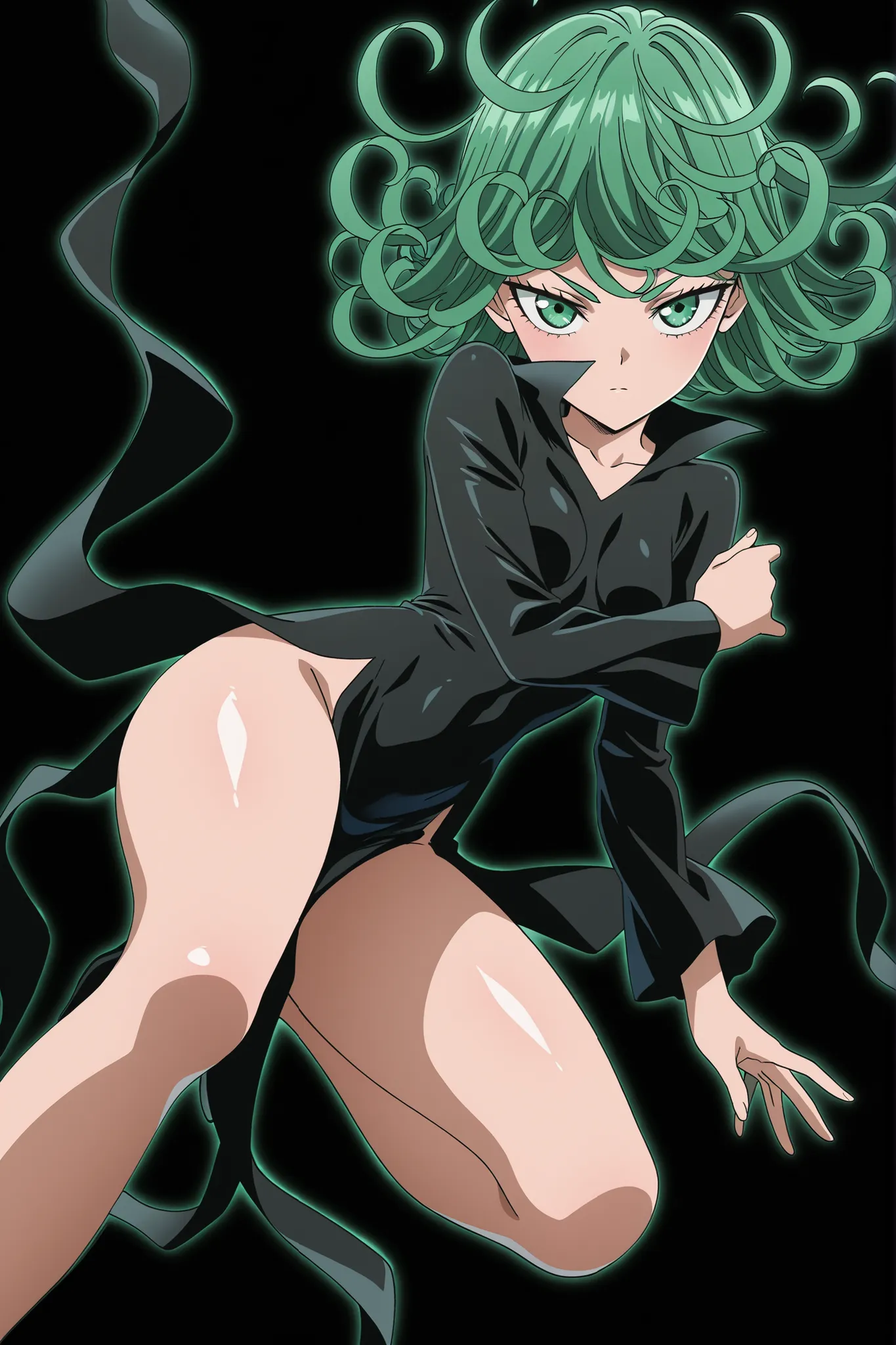 black background, simple background, highly detailed, anime coloring, (masterpiece), (best quality), (ultra-detailed), (anime screencap), (anime keyvisual), full body, 1girl, solo, tatsumaki, short hair, curly hair, small breasts, long sleeves, black dress...