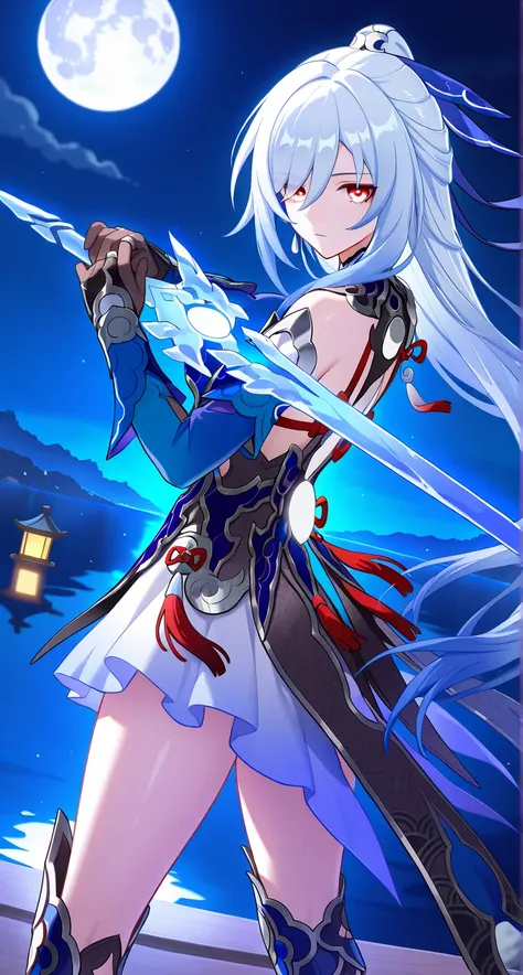 masterpiece,best quality,highres,ultra-detailed,Jingliu,alternate color,masterpiece,detailed illustration,lifelike,Jingliu（Honkai: Star Rail）,shiny beautiful woman,moon light lighting,dynamic angle,dynamic pose,depth of field,1girl,red eyes,blue armored dr...