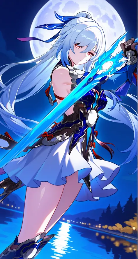 masterpiece,best quality,highres,ultra-detailed,Jingliu,alternate color,masterpiece,detailed illustration,lifelike,Jingliu（Honkai: Star Rail）,shiny beautiful woman,moon light lighting,dynamic angle,dynamic pose,depth of field,1girl,red eyes,blue armored dr...