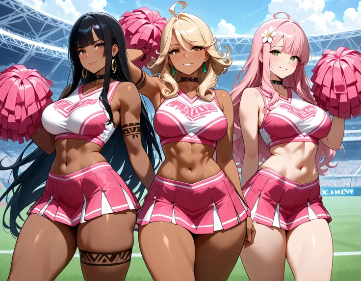 (masterpiece, best quality:1.2), {8k image}, highly detailed, score_9, score_8_ up, score_7_ up, anatomically correct, 3girls, BREAK, {1girl}: (mature female, adult female, MILF, fit female, athletic body, thick thighs, average waist, wide hips, medium bre...