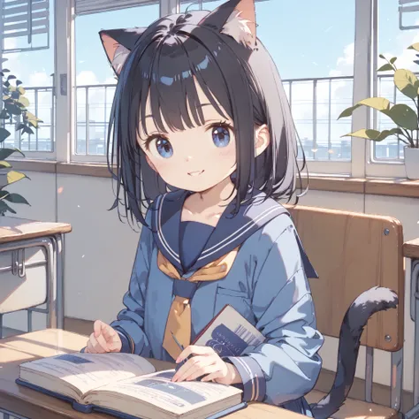 
high image quality、High Quality、8ｋ、4ｋ、Young girl、Juvenile body、Cat ears、 cat tail、sailor suit、school classroom、Interval、sit on a chair、The leatherbound book 、Reading、 Smile、black hair、blue eyes、