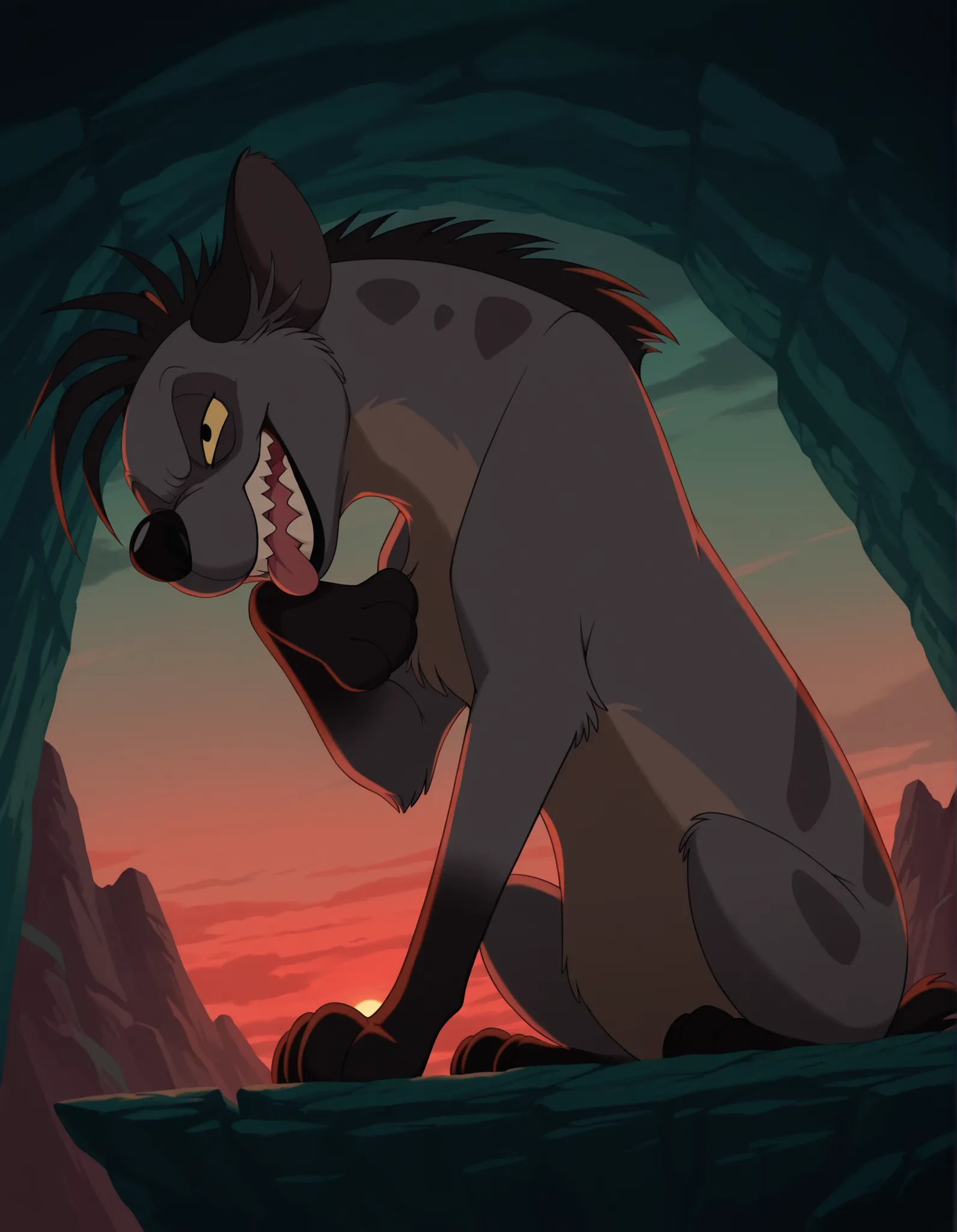shenzitlk, furry, feral, hyena, black hair, short hair, back mane, dark-grey inner ear fluff, yellow sclera, black eyes, black nose, dark-grey body, dark-grey fur, dark-brown body, dark-brown fur, two tone body, two tone fur, dark-grey spots, close-up, nar...