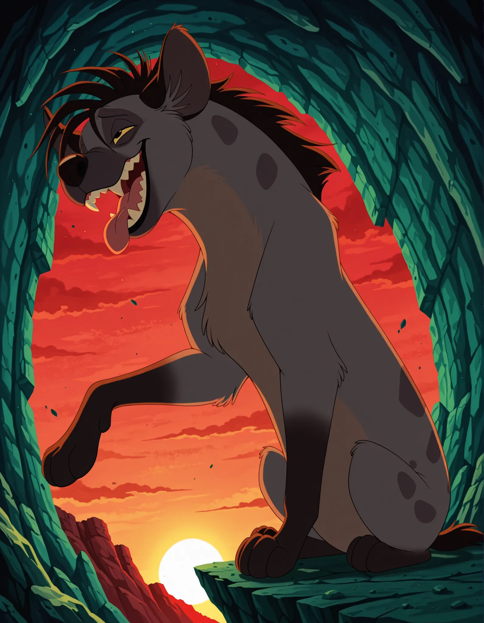 shenzitlk, furry, feral, hyena, black hair, short hair, back mane, dark-grey inner ear fluff, yellow sclera, black eyes, black nose, dark-grey body, dark-grey fur, dark-brown body, dark-brown fur, two tone body, two tone fur, dark-grey spots, close-up, nar...