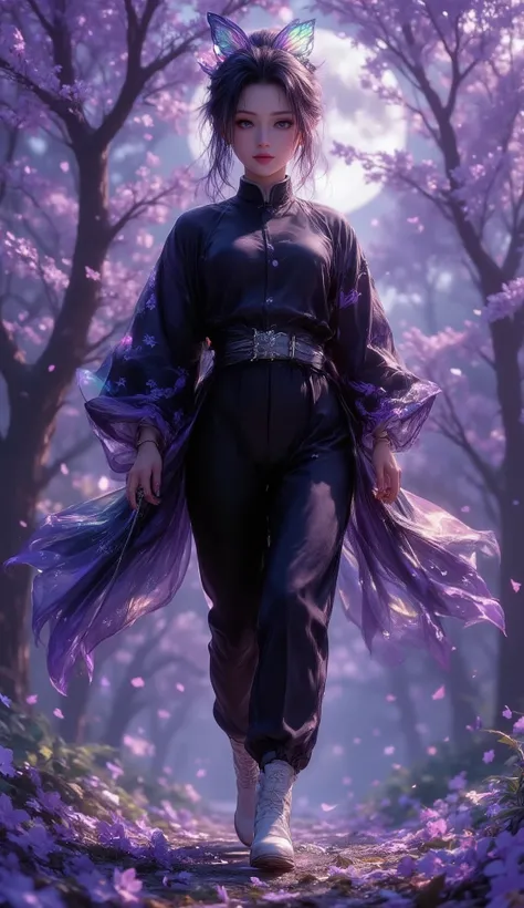 **"Shinobu Kocho – The Butterfly's Shadow"** *(Hyper-Realistic 16K UHD Cinematic Portrait)*  

---

### **Prompt:**  
**"A breathtakingly photorealistic portrait of Shinobu Kocho (*Demon Slayer*) gliding through a moonlit wisteria forest, her every movemen...