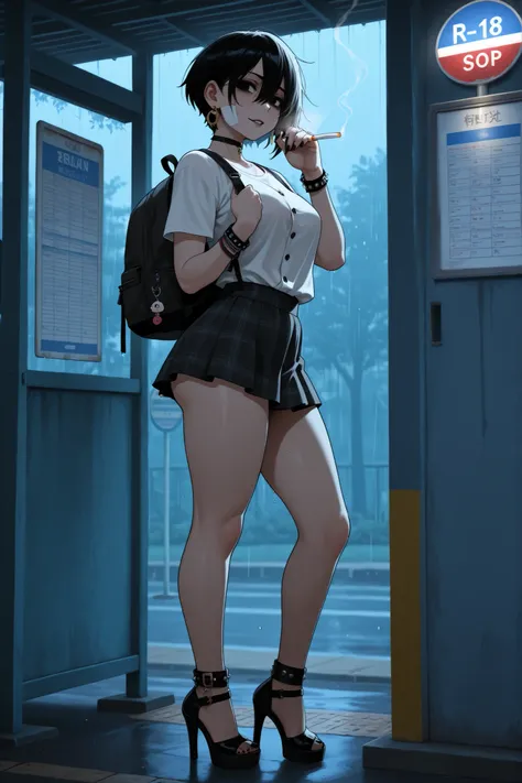 Girl bitch, interracial sex, black eyes, black hair, hair between eyes, short hair,, bandage on face, wearing a sexy white t-shirt with female buttons and a black plaid mini skirt, black backpack, black choker on neck, black nails, punk bracelets, gothic h...