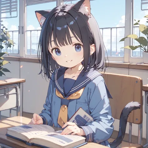 
high image quality、High Quality、8ｋ、4ｋ、Young girl、Juvenile body、Cat ears、 cat tail、sailor suit、school classroom、Interval、sit on a chair、The leatherbound book 、Reading、 Smile、black hair、blue eyes、