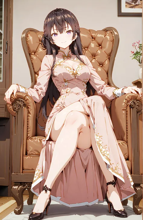 score_9, score_8_up, score_7_up, source_anime,  yuki suou, long hair, bungs, brown hair, black hair,  o, Purple Eyes, half updo,Purple Chinese Dress,Side Long Slit,pin heels,Seated in a Gorgeous Chair,Crossed Legs,smile,blush,grinning,angle from below,full...