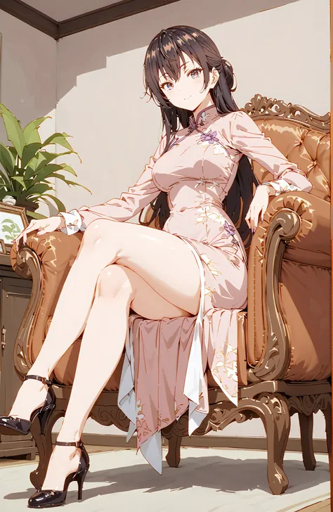 score_9, score_8_up, score_7_up, source_anime,  yuki suou, long hair, bungs, brown hair, black hair,  o, Purple Eyes, half updo,Purple Chinese Dress,Side Long Slit,pin heels,Seated in a Gorgeous Chair,Crossed Legs,smile,blush,grinning,angle from below,full...