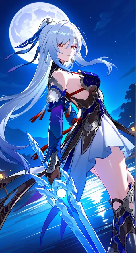 masterpiece,best quality,highres,ultra-detailed,Jingliu,alternate color,masterpiece,detailed illustration,lifelike,Jingliu（Honkai: Star Rail）,shiny beautiful woman,moon light lighting,dynamic angle,dynamic pose,depth of field,1girl,red eyes,blue armored dr...
