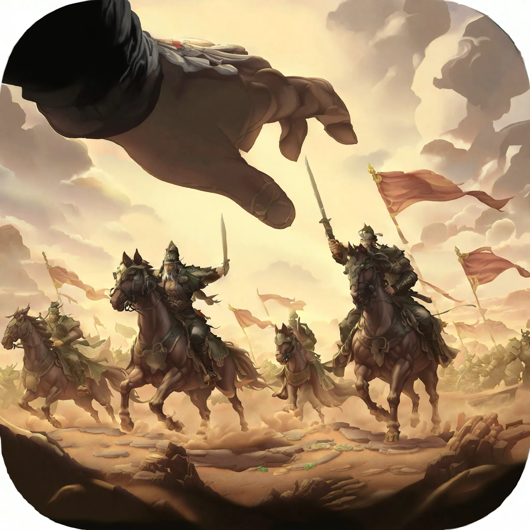   Fraction_9, Fraction_8_up, Fraction_7_up，shows a sandbox scene without changing，以high resolution生成类似的场景图片，Guan Yu and Zhang Fei's faces，horse riding，The Three Kingdoms game icon，The background is a cloudy sky，with a few clouds floating on it。application ...