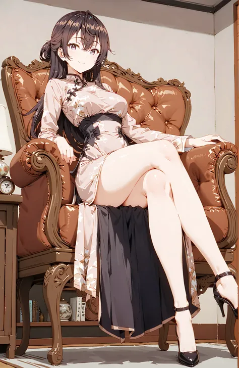 score_9, score_8_up, score_7_up, source_anime,  yuki suou, long hair, bungs, brown hair, black hair,  o, Medium breast,Purple Eyes, half updo,Purple Chinese Dress,Side Long Slit,pin heels,Seated in a Gorgeous Chair,Crossed Legs,smile,blush,grinning,angle f...
