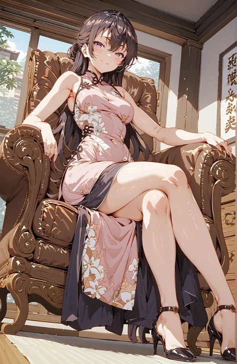 score_9, score_8_up, score_7_up, source_anime,  yuki suou, long hair, bungs, brown hair, black hair,  o, Medium breast,Purple Eyes, half updo,Purple Chinese Dress,sleeveless at the beach,Side Long Slit,pin heels,Seated in a Gorgeous Chair,Crossed Legs,smil...