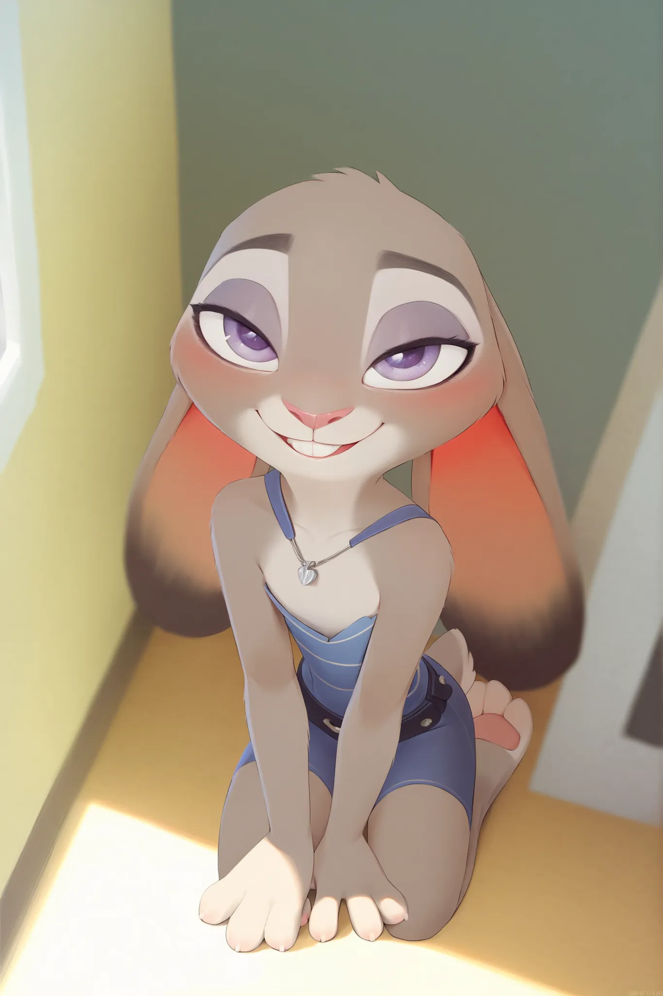 cleavage,score_9, score_9_up, score_8_up, score_7_up, score_6_up, score_5_up, source furry, anthro, photo of Hyperrealistic art anthro, judy hopps, Young petite girl, Undeveloped beautiful body, flat chested, Short stature, detailed two tone grey fur body ...