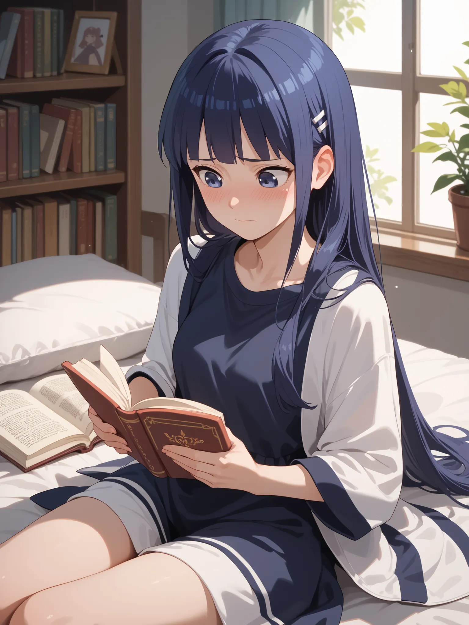 Hinata embarrassed, (Hinata Hyuga), reading a book in secret, the book is orange and short, she is sitting on the bed in the bedroom, Seen from the distance,