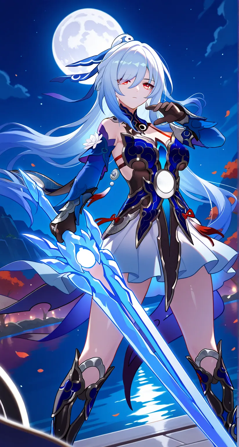 masterpiece,best quality,highres,ultra-detailed,Jingliu,alternate color,masterpiece,detailed illustration,lifelike,Jingliu(Honkai: Star Rail),shiny beautiful woman,moon light lighting,dynamic angle,dynamic pose,depth of field,1girl,red eyes,blue armored dr...