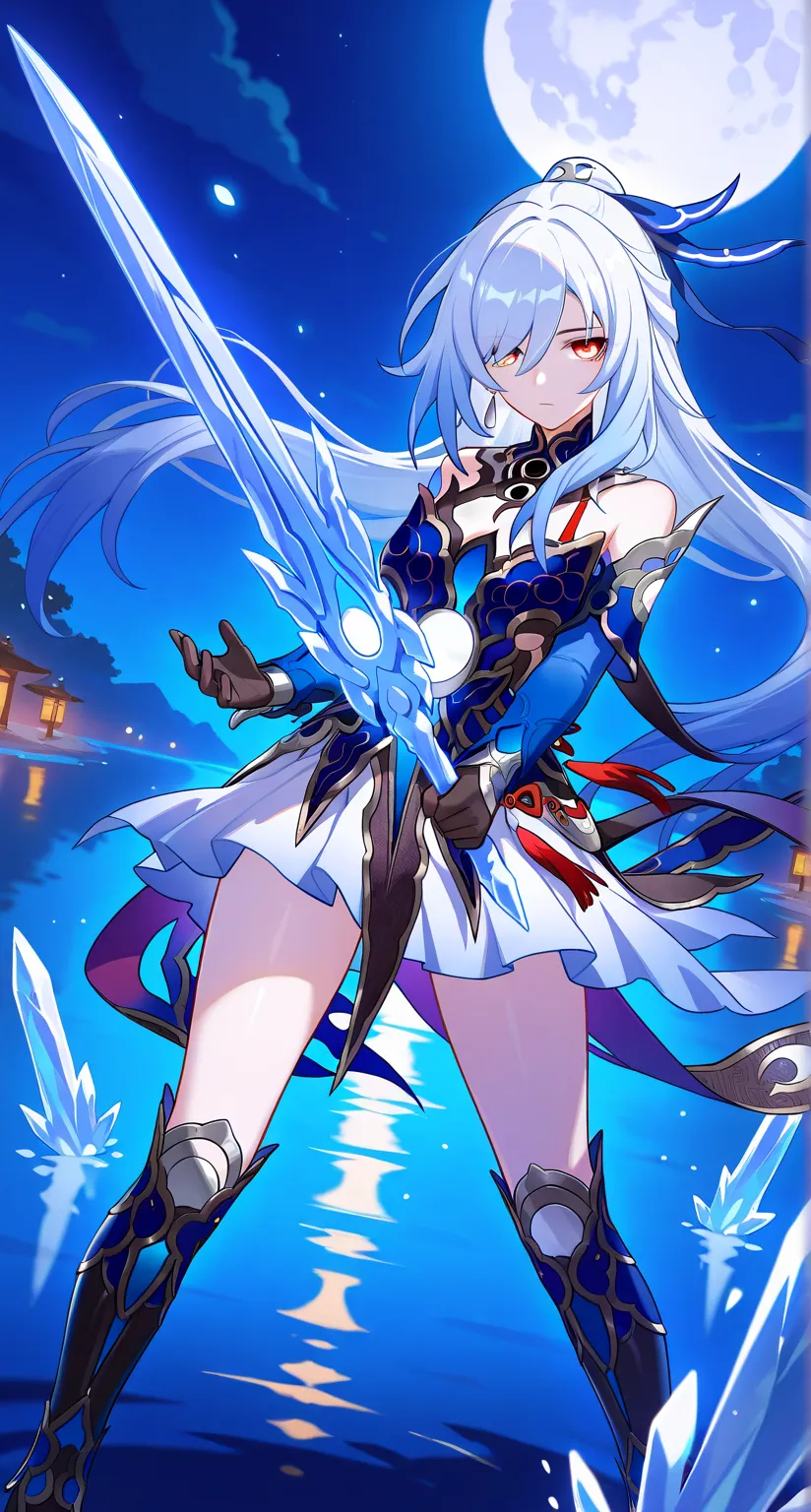 masterpiece,best quality,highres,ultra-detailed,Jingliu,alternate color,masterpiece,detailed illustration,lifelike,Jingliu(Honkai: Star Rail),shiny beautiful woman,moon light lighting,dynamic angle,dynamic pose,depth of field,1girl,red eyes,blue armored dr...
