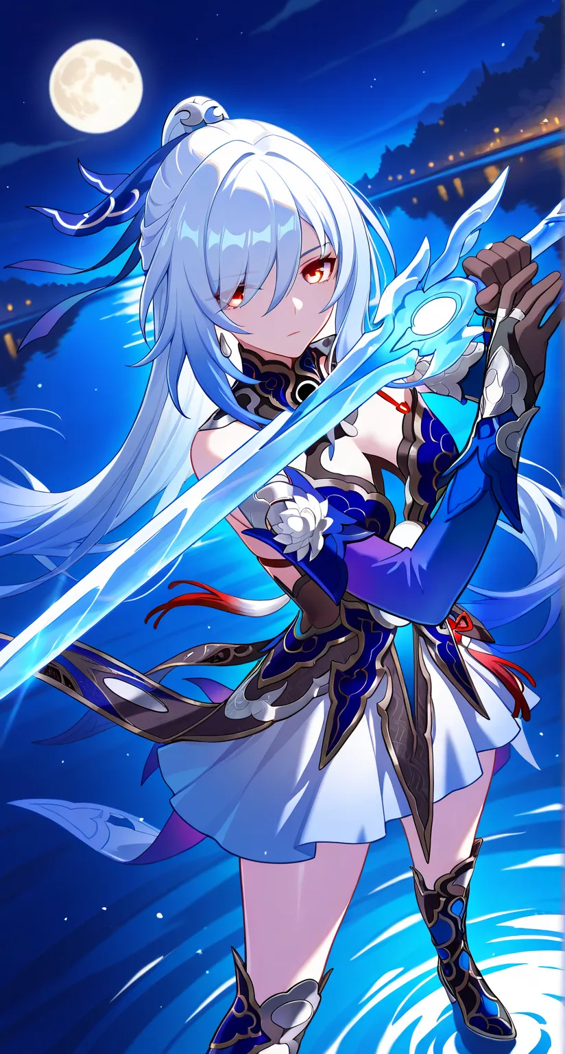 masterpiece,best quality,highres,ultra-detailed,Jingliu,alternate color,masterpiece,detailed illustration,lifelike,Jingliu(Honkai: Star Rail),shiny beautiful woman,moon light lighting,dynamic angle,dynamic pose,depth of field,1girl,red eyes,blue armored dr...