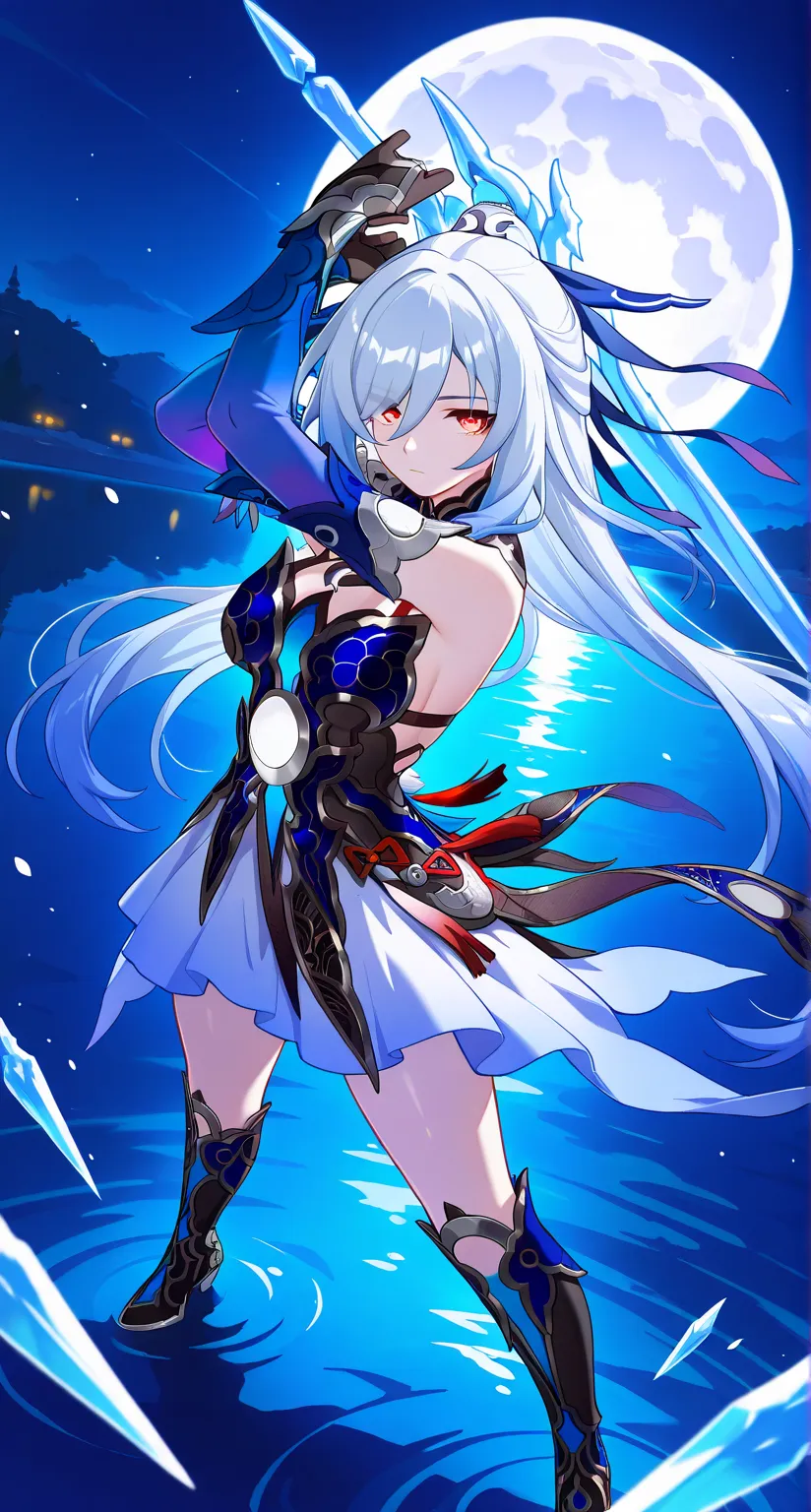 masterpiece,best quality,highres,ultra-detailed,Jingliu,alternate color,masterpiece,detailed illustration,lifelike,Jingliu(Honkai: Star Rail),shiny beautiful woman,moon light lighting,dynamic angle,dynamic pose,depth of field,1girl,red eyes,blue armored dr...