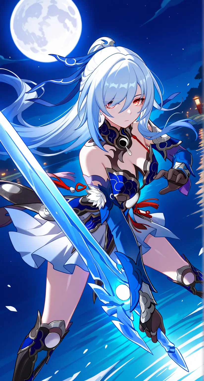 masterpiece,best quality,highres,ultra-detailed,Jingliu,alternate color,masterpiece,detailed illustration,lifelike,Jingliu(Honkai: Star Rail),shiny beautiful woman,moon light lighting,dynamic angle,dynamic pose,depth of field,1girl,red eyes,blue armored dr...