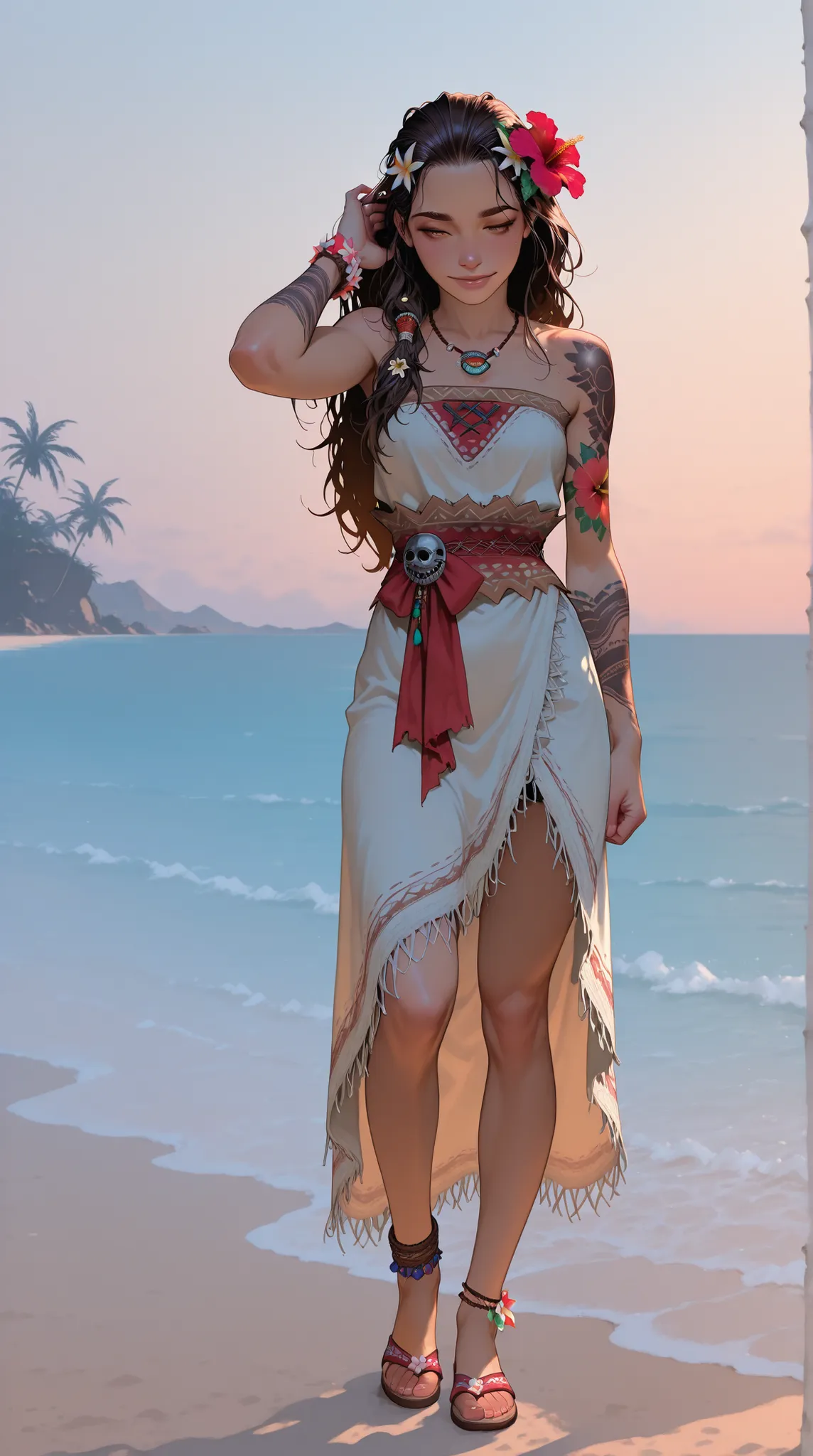 HDR, 8K, high contrast, masterpiece, best quality, amazing quality, very aesthetic, realistic, newest, volumetric lighting, (flat colors:0.7), (artist:incase:0.3), (artist:tsuaii:0.3),Sinozick_illu, HassaKu_illu, 1girl, moana, 25 years old girl, samoan tat...