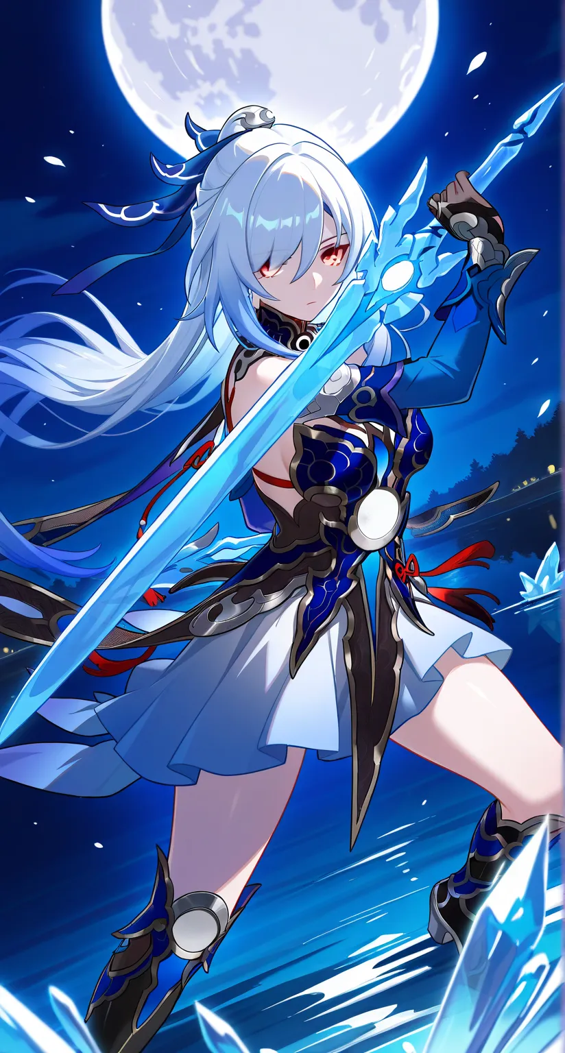 masterpiece,best quality,highres,ultra-detailed,Jingliu,alternate color,masterpiece,detailed illustration,lifelike,Jingliu(Honkai: Star Rail),shiny beautiful woman,moon light lighting,dynamic angle,dynamic pose,depth of field,1girl,red eyes,blue armored dr...