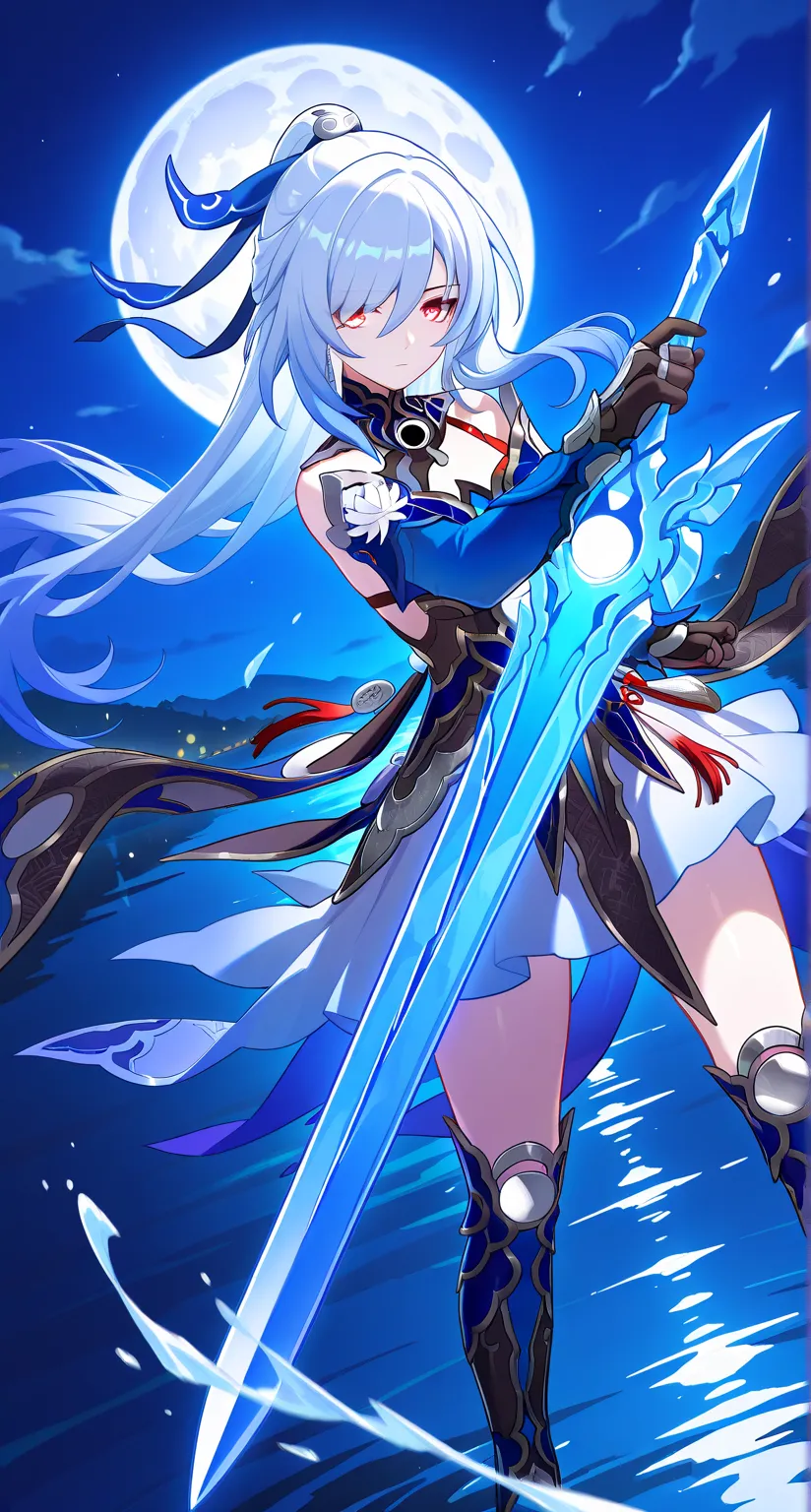 masterpiece,best quality,highres,ultra-detailed,Jingliu,alternate color,masterpiece,detailed illustration,lifelike,Jingliu(Honkai: Star Rail),shiny beautiful woman,moon light lighting,dynamic angle,dynamic pose,depth of field,1girl,red eyes,blue armored dr...
