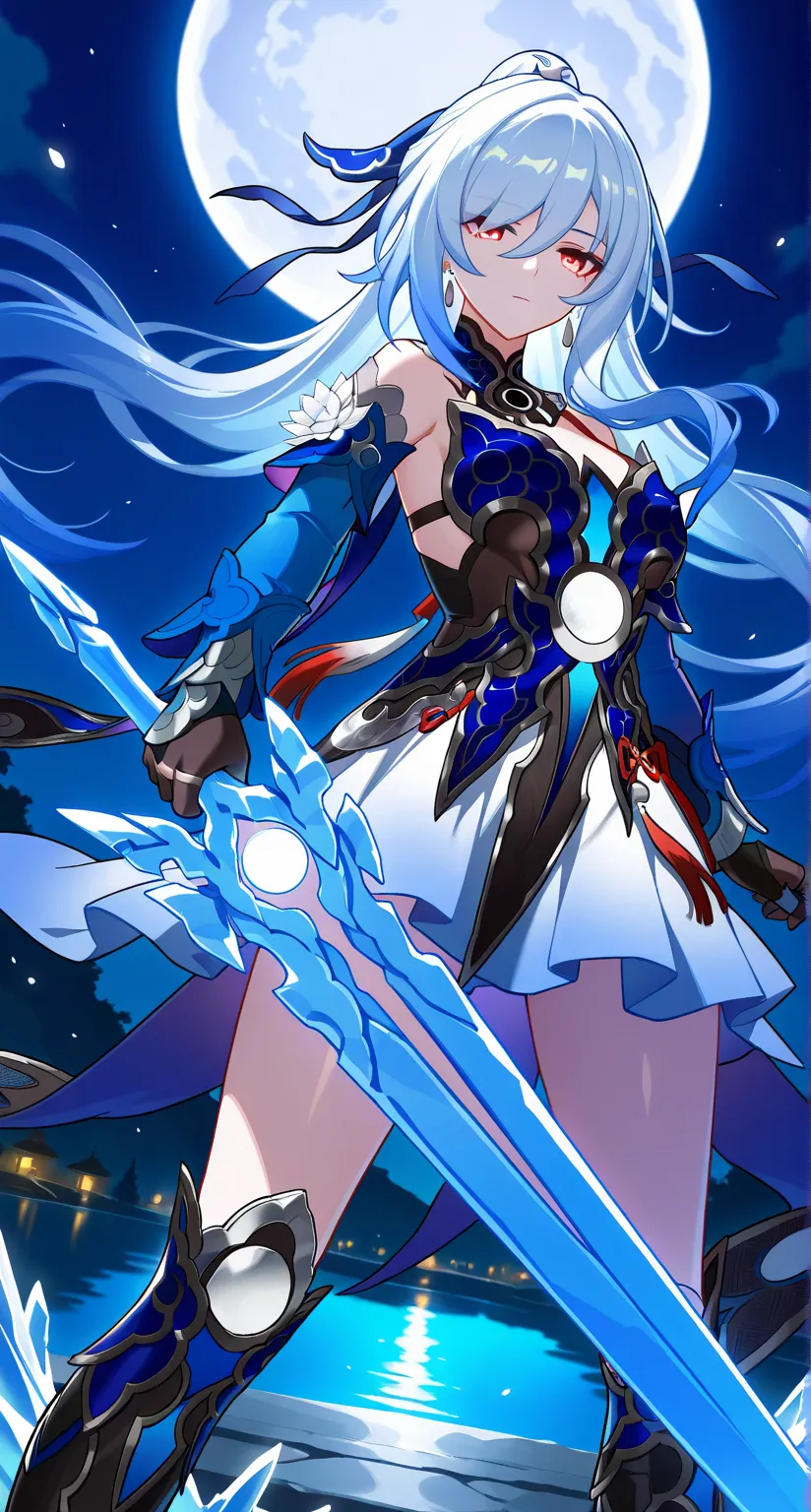 masterpiece,best quality,highres,ultra-detailed,Jingliu,alternate color,masterpiece,detailed illustration,lifelike,Jingliu(Honkai: Star Rail),shiny beautiful woman,moon light lighting,dynamic angle,dynamic pose,depth of field,1girl,red eyes,blue armored dr...