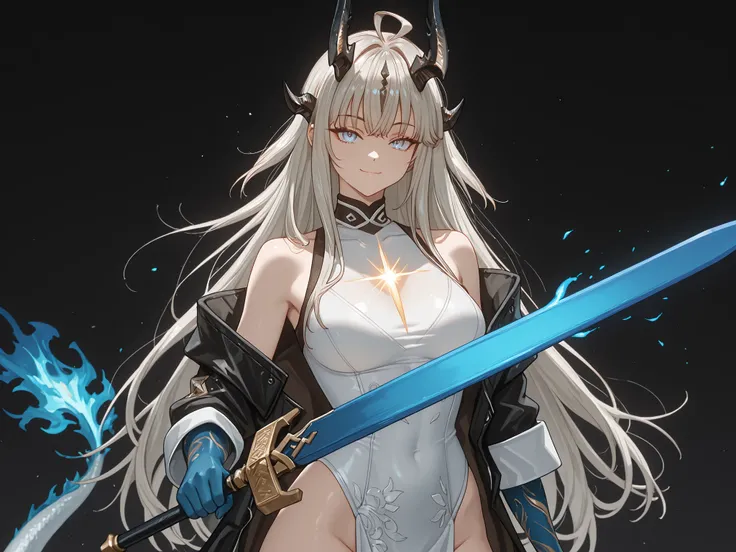 Solo, 1 girl, facing the viewer, white hair, hairstyle of Alisa "Alya" Mikhailovna Kujou from "Alya Sometimes Hides Her Feelings in Russian", face of Alisa "Alya" Mikhailovna Kujou from "Alya Sometimes Hides Her Feelings in Russian", blue eyes, long bangs,...
