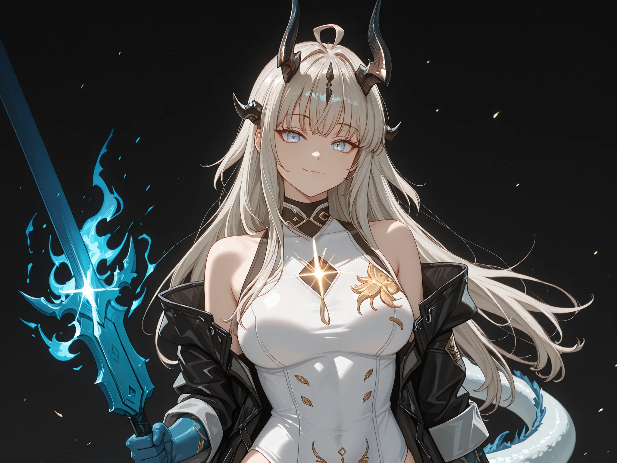 Solo, 1 girl, facing the viewer, white hair, hairstyle of Alisa "Alya" Mikhailovna Kujou from "Alya Sometimes Hides Her Feelings in Russian", face of Alisa "Alya" Mikhailovna Kujou from "Alya Sometimes Hides Her Feelings in Russian", blue eyes, long bangs,...